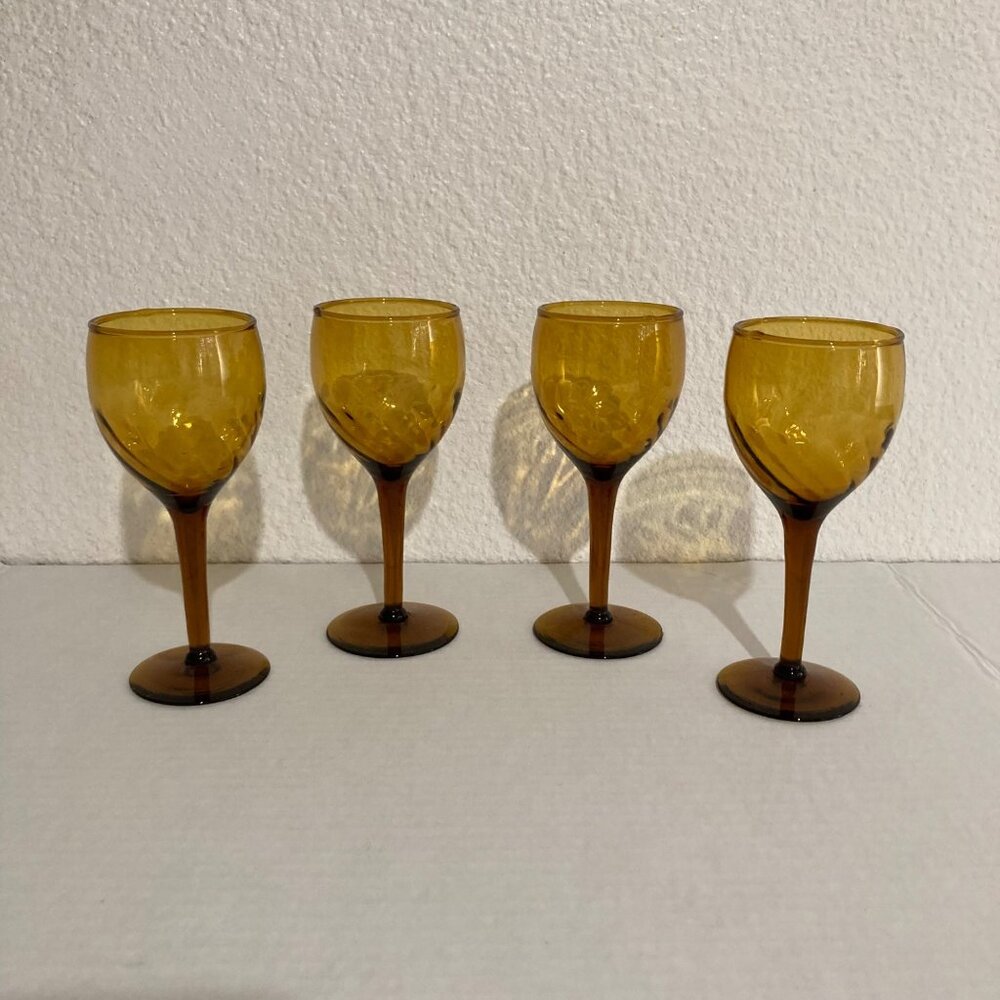 Vintage Amber Swirl Wine Cordial Glasses Blown Glass Set Of 4
